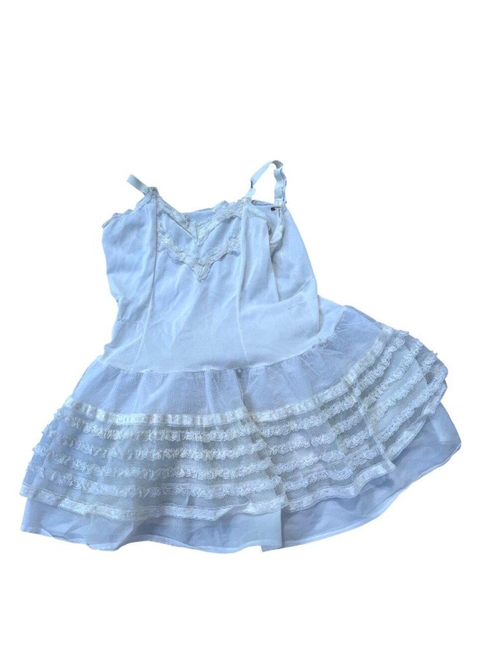 Vintage White Lace Slip Dress With Tiered Ruffle Skirt & Adjustable Straps 43d